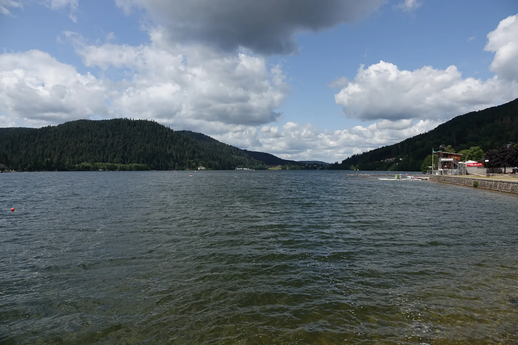 Le lac de Gérardmer vu depuis la rive, entouré de forêts vosgiennes