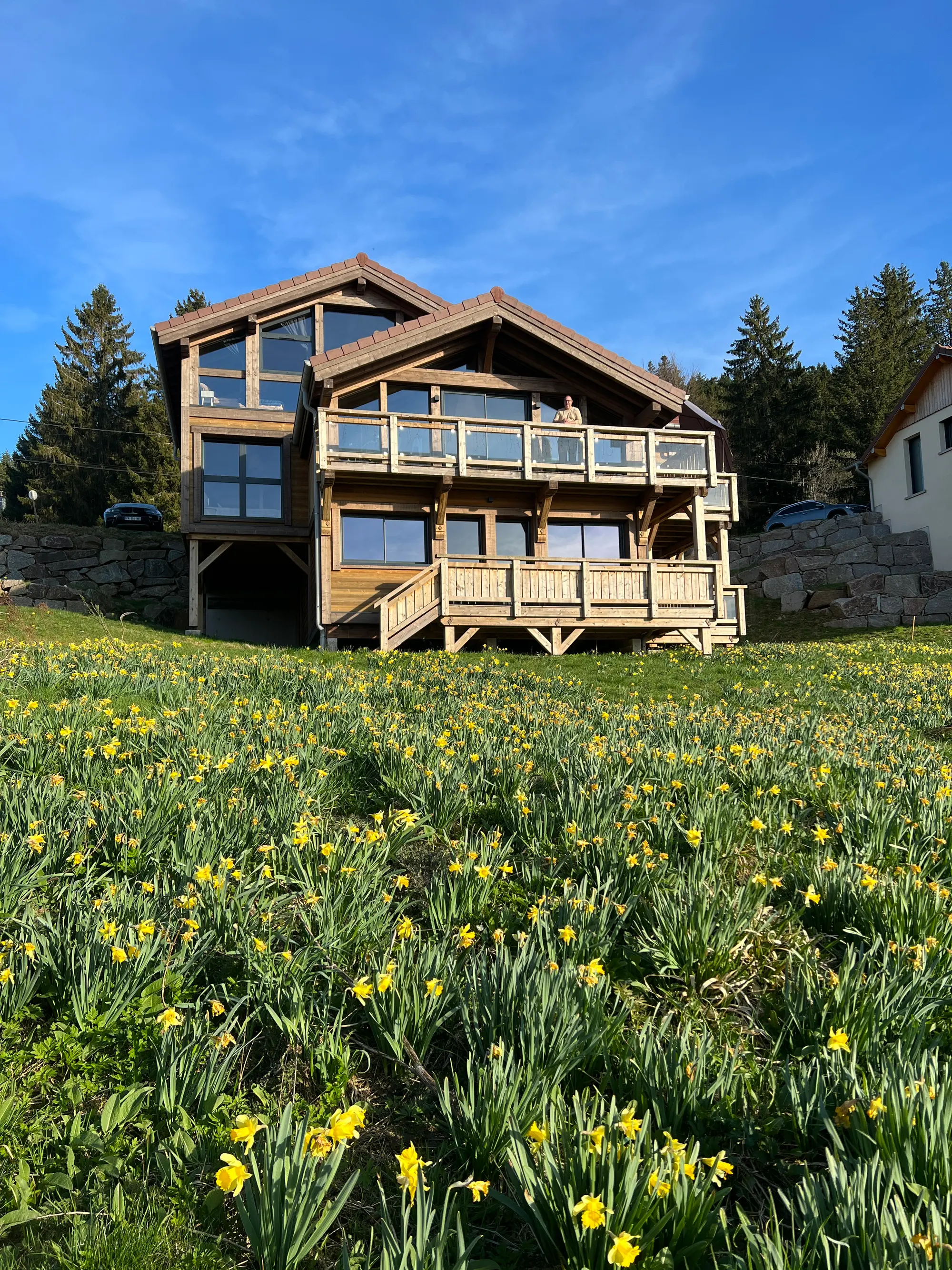 Le Flocon du Lac chalet in Gérardmer in spring, surrounded by daffodils